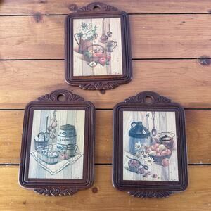 3 Vintage Wood Mounted Lithograph Kitchen Plaques Cottagecore Granny Country 5x7